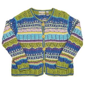Vintage Hand Knit Cardigan Sweater Boho Colorful Button Front 90s Medium